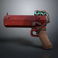 Red Sci Fi Gun With Green Glowing Sights And Brown Grip Mechanical Design