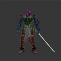 Futuristic Green Samurai Warrior in Mechanical Armor Holding Long Sword Standing Pose