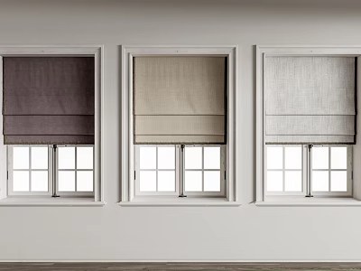 Dark Brown Beige Light Gray Roman Curtains for White Framed Interior Windows with Light Wall 3d model