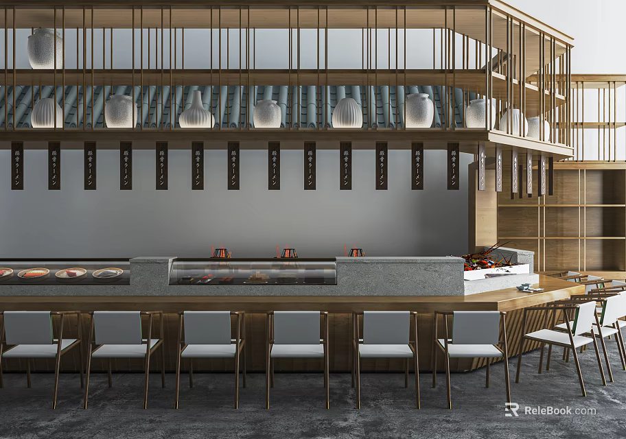 Modern Restaurant Interior With Wooden Frames Pendant Lights Dining Counter And Chairs 3d model 