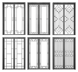 New Chinese style double door glass sliding door combination 3d model