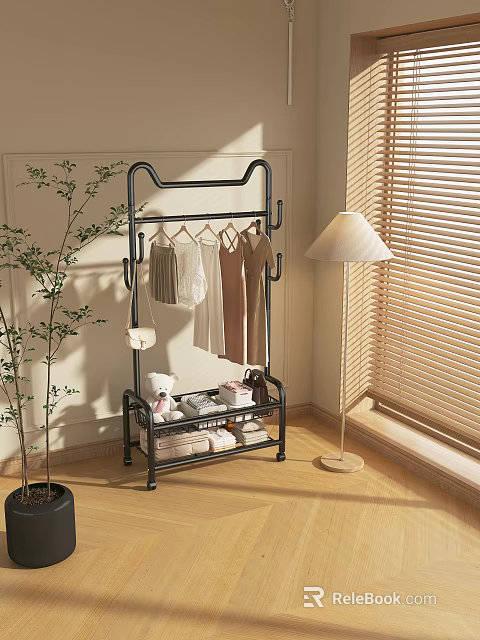 Stylish Clothes Hanging On Metal Rack With Folded Garments Shoes And Floor Lamp 3d model 