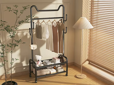 Stylish Clothes Hanging On Metal Rack With Folded Garments Shoes And Floor Lamp 3d model