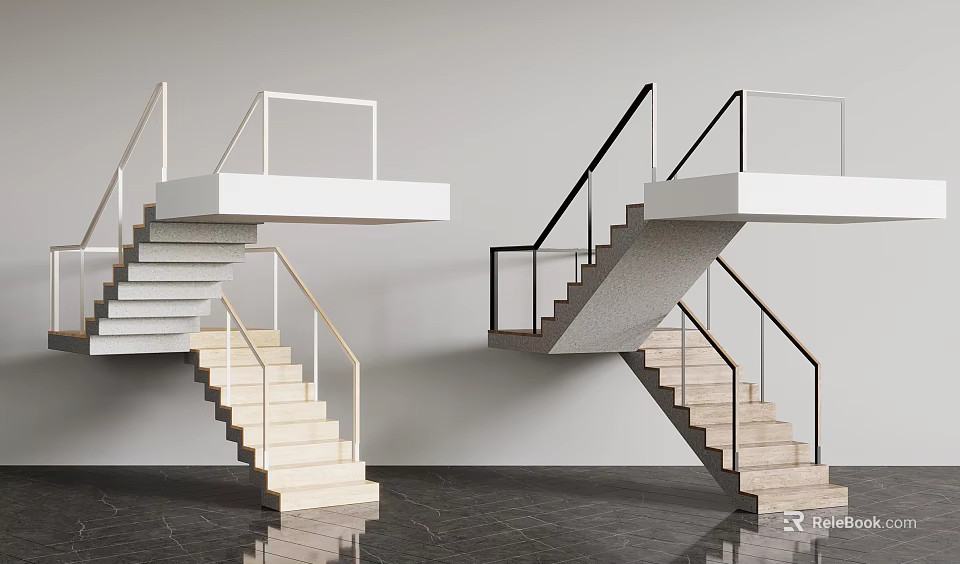 Modern Staircase Design Featuring White Black Metal Railings And Wooden Steps 3d model 