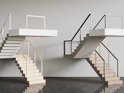Modern Staircase Design Featuring White Black Metal Railings And Wooden Steps 3d model