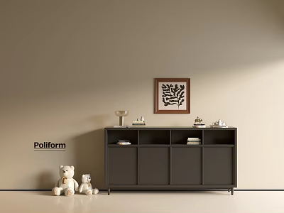 Pollform Dark Gray Entryway Console Cabinet With Stuffed Teddy Bears And Wall Art 3d model