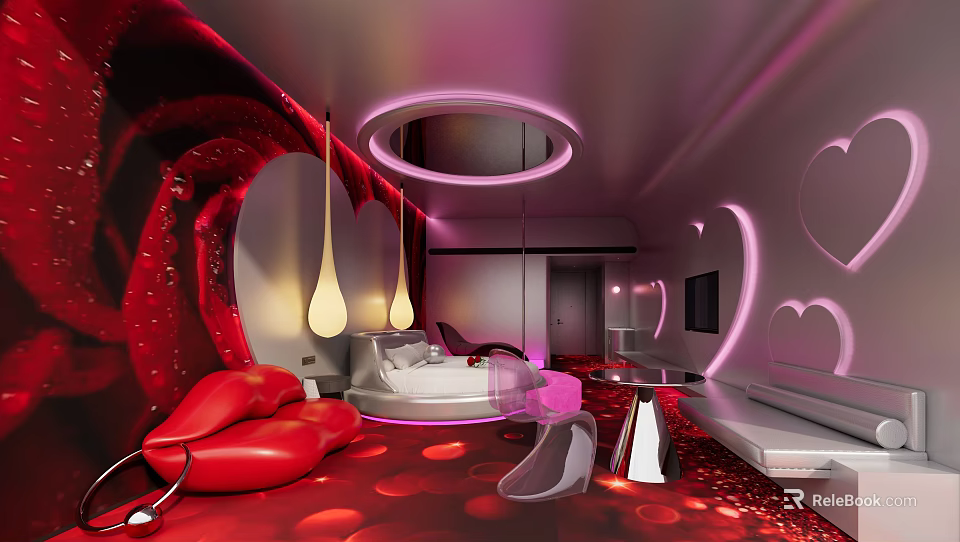 Modern Hotel Room Interior With Red Heart-shaped Lighting Circular Lamp Bed And Sofa 3d model 