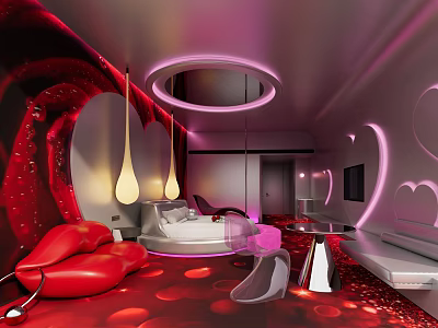 Modern Hotel Room Interior With Red Heart-shaped Lighting Circular Lamp Bed And Sofa 3d model