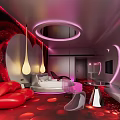 Modern Hotel Room Interior With Red Heart-shaped Lighting Circular Lamp Bed And Sofa