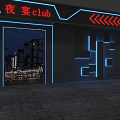 Modern Bar Interior With Neon Lights Red Sign Blue Lighting Circular Ceiling And Black Sofas 3d model