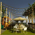 Container Building Outdoor Cafe Dining Area With Seating Tan Umbrella String Lights And Trees 3d model