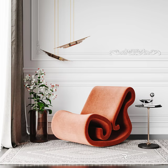 Orange Velvet Single Sofa With Curved Design Near Flower Vase And White Carved Wall 3d model 