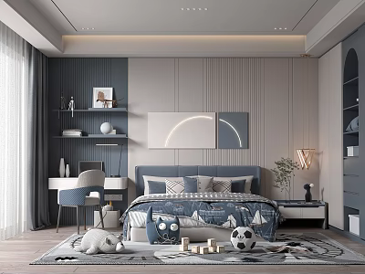 Cozy Kids Room Interior With Blue Bed Wooden Desk Toys And Decorative Rug 3d model