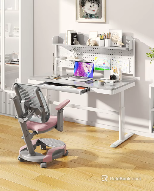Modern White Study Desk With Pegboard Shelf Laptop And Ergonomic Chair 3d model 