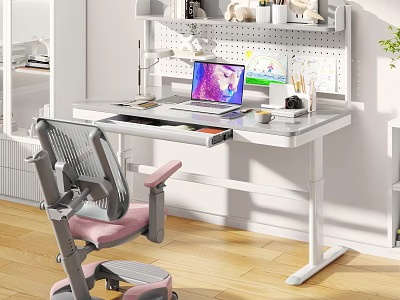 Modern White Study Desk With Pegboard Shelf Laptop And Ergonomic Chair 3d model