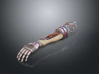 Game and Movie Character Featuring Cybernetic Mechanical Arm With Detailed Metallic Structure and Cables 3d model