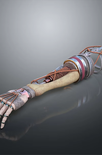 Game and Movie Character Featuring Cybernetic Mechanical Arm With Detailed Metallic Structure and Cables 3d model