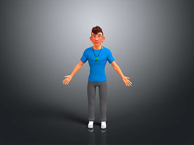 3D Character Model Wearing Blue T Shirt Gray Pants White Shoes And Green Necklace 3d model