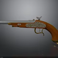 Vintage Pistol With Red Grip Golden Decorations And Silver Barrel