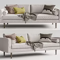 Modern White Two Seater Sofa With Yellow Checkered Gray Pillows And Gray Blanket 3d model