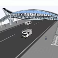 Scenic Arch Bridge With Steel Structure Over Road Vehicles Passing And Pedestrians Nearby