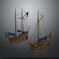Ancient Wooden Sailing Ships Model Display With Masts Blue Flags And Wooden Hulls