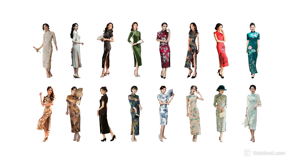 Group of Women Wearing Elegant Traditional Qipao Dresses With Different Styles 3d model 