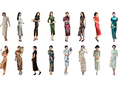 Group of Women Wearing Elegant Traditional Qipao Dresses With Different Styles 3d model