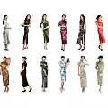 Group of Women Wearing Elegant Traditional Qipao Dresses With Different Styles