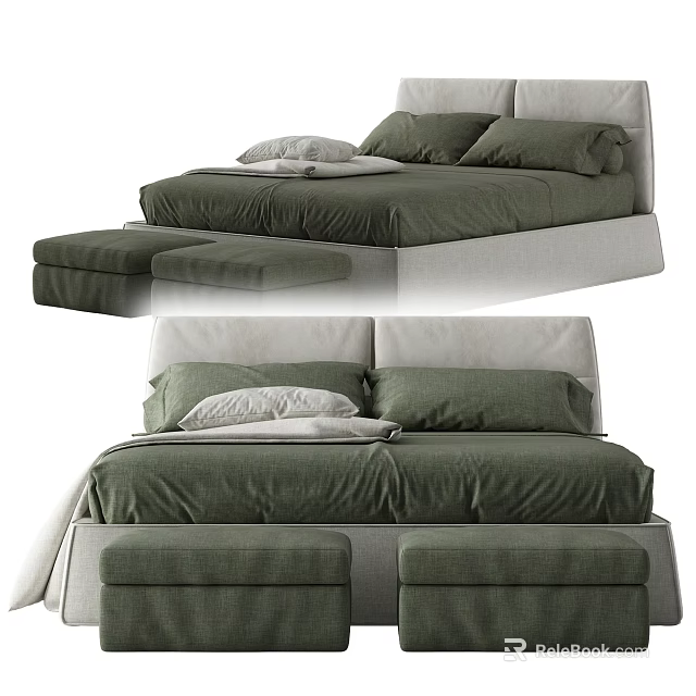 Modern Double Bed With Green Bedding Headboard Cushions And Footstool 3d model