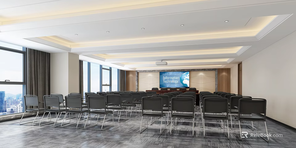 Modern Conference Room Interior With Black Chairs Large Screen And Ceiling Lights 3d model