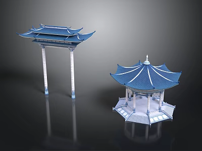 Chinese Traditional Gateway And Pavilion With Blue Roofs And White Pillars 3d model