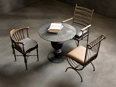 Modern Round Metal Table With Books And Three Chairs Featuring Checkered Beige Seats 3d model