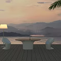 Outdoor Table on Wooden Deck with Sunset Mountain Lake View White Chairs and Floor Lamp