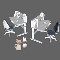 Two Modern White Study Desks With Blue Ergonomic Chairs And Shelf Storage 3d model