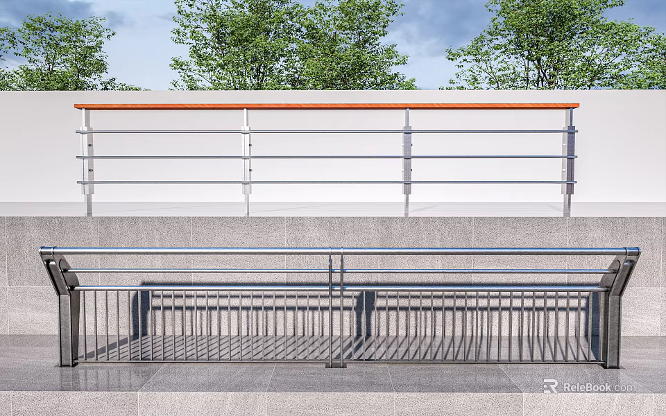 Outdoor Railings With Stainless Steel Horizontal Bars Vertical Balusters Orange Top And Green Trees 3d model 