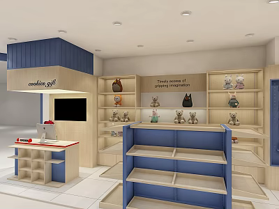 Shopping Mall Store Interior With Blue Wooden Shelves And Stuffed Toys 3d model