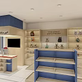 Shopping Mall Store Interior With Blue Wooden Shelves And Stuffed Toys