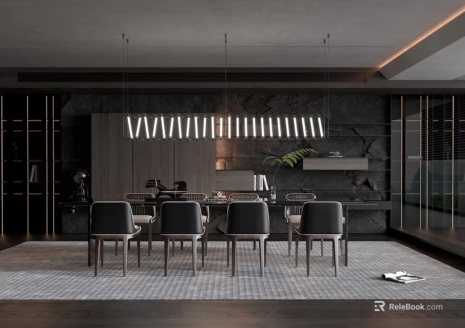 Modern Restaurant Interior With Open Concept Dining Table Dark Chairs And Striped Pendant Lights 3d model 