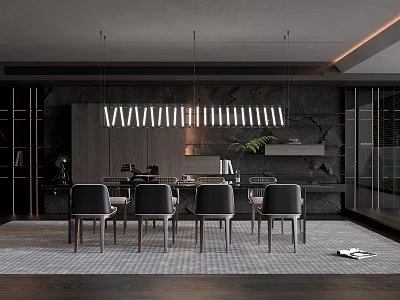 Modern Restaurant Interior With Open Concept Dining Table Dark Chairs And Striped Pendant Lights 3d model