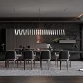 Modern Restaurant Interior With Open Concept Dining Table Dark Chairs And Striped Pendant Lights