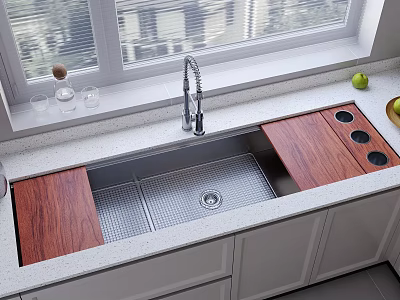 Stainless Steel Kitchen Sink With Wooden Covers Modern Faucet And White Cabinets 3d model