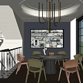 Modern Dining Living Room Interior Design With Round Chandelier Colorful Chairs Large Windows And Bar Counter