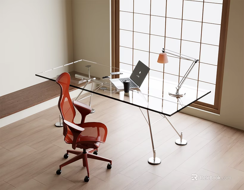 Modern Glass Desk With Red Chair Laptop Desk Lamp And Mug In Bright Room 3d model 