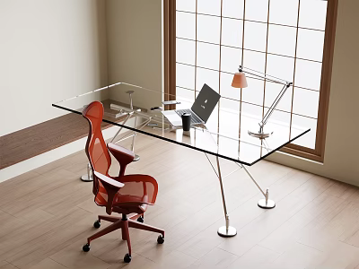 Modern Glass Desk With Red Chair Laptop Desk Lamp And Mug In Bright Room 3d model