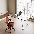 Modern Glass Desk With Red Chair Laptop Desk Lamp And Mug In Bright Room