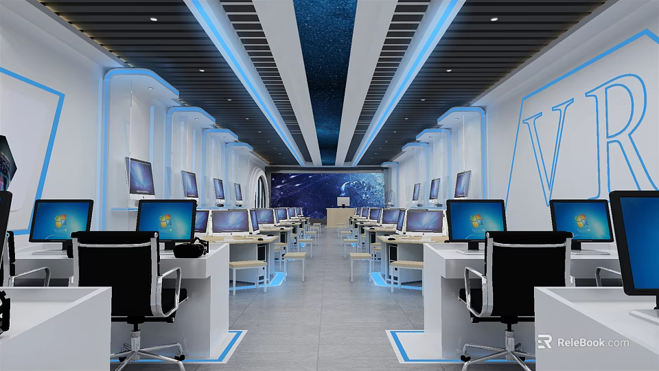 Modern School Computer Classroom With Multiple Computers White Desks And Blue Decorative Ceiling 3d model