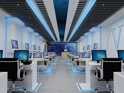 Modern School Computer Classroom With Multiple Computers White Desks And Blue Decorative Ceiling 3d model