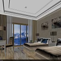 Bright Modern Hotel Guest Room With Double Beds Desk Chair Large Window And Wall Art