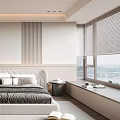 Modern Bedroom Interior With Large Bed White Wardrobes Window Seat And City View